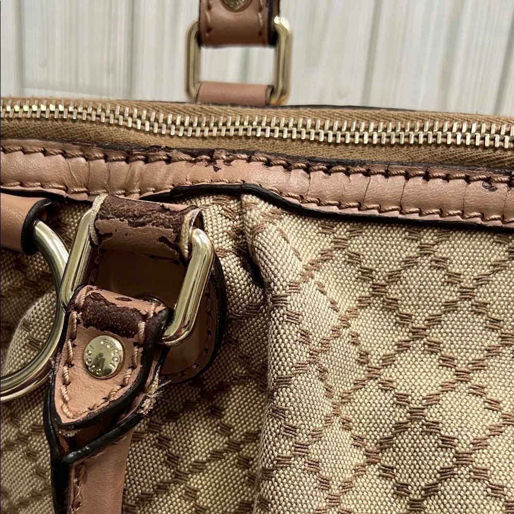 Gucci Beige Canvas Satchel Leather Trim Handbag